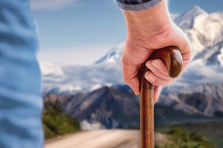 mountains, third age, old man, hiking, walking stick, landscape HD wallpaper