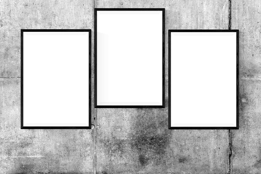 three rectangular white frames, poster, mockup, wall, picture, HD wallpaper
