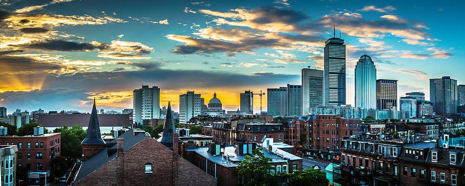 aerial photo of city skyline during sunrise, boston, massachusetts, HD wallpaper