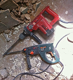 red and blue power tools, hammer drill, chisel, debris, site HD wallpaper