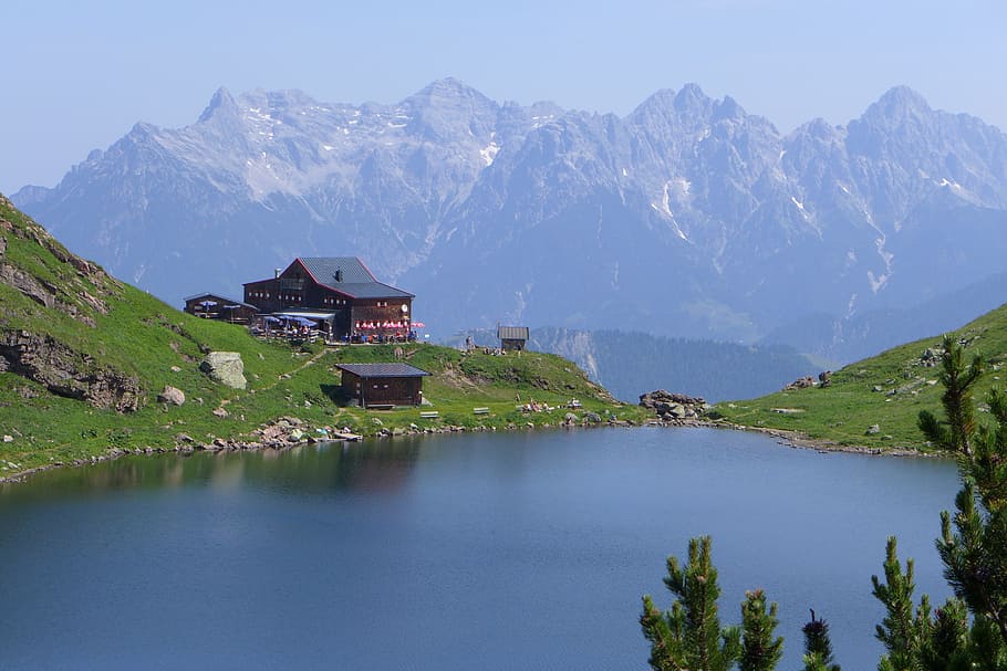 wildseeloder house, kitzbühel, hut, mountain hut, lake, idyll HD wallpaper