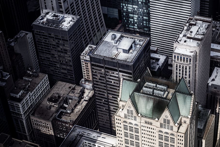 city, buildings, skyscrapers, town, cityscape, rooftops, top view HD wallpaper