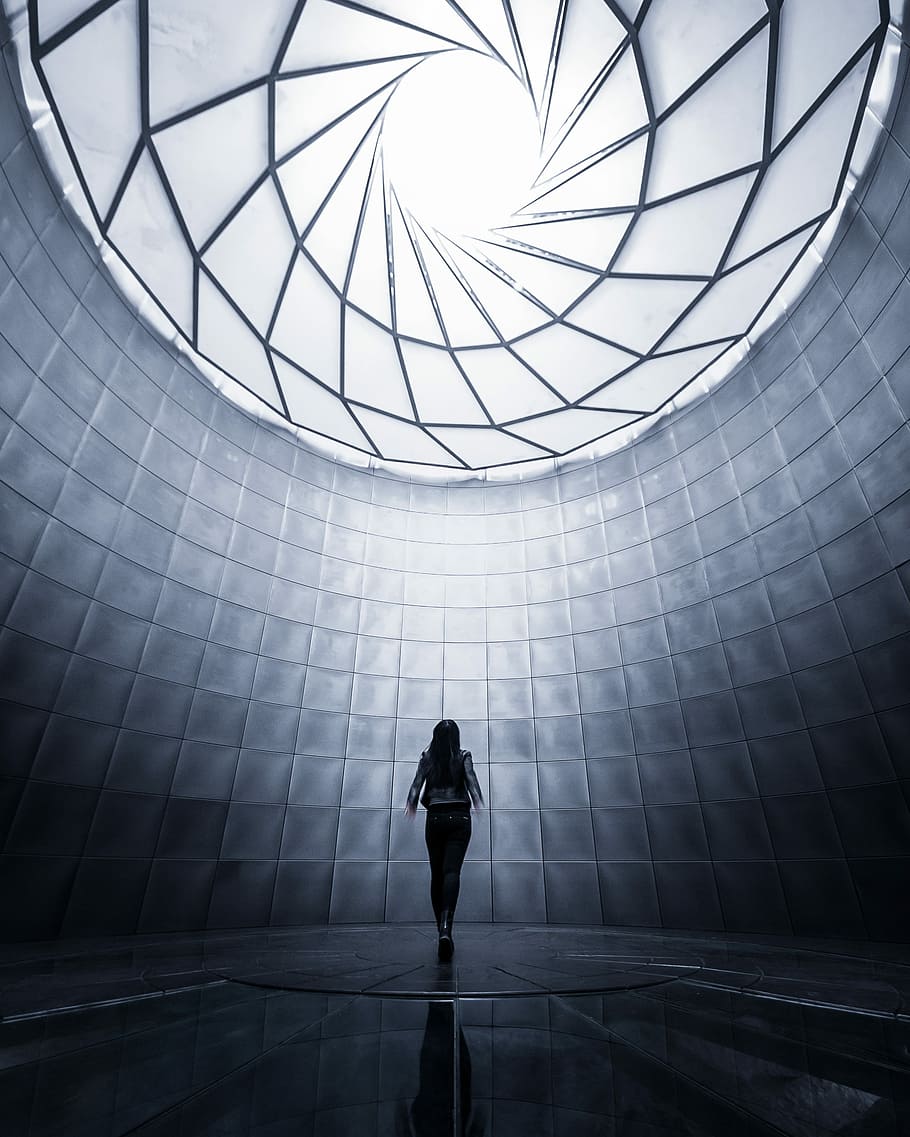 woman wearing black shirt facing the ceiling, woman in black dress under skylight indoors HD wallpaper