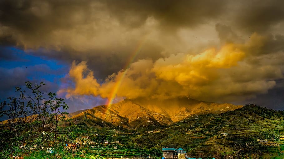 landscape photography of green mountain and rainbow, dark, sky HD wallpaper