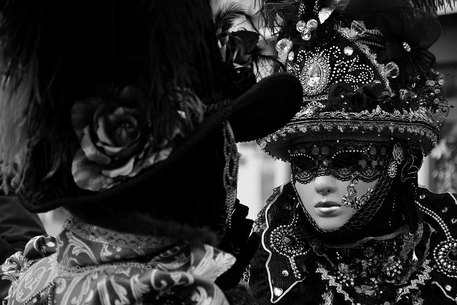grayscale photography of two persons wearing masquerade masks, HD wallpaper
