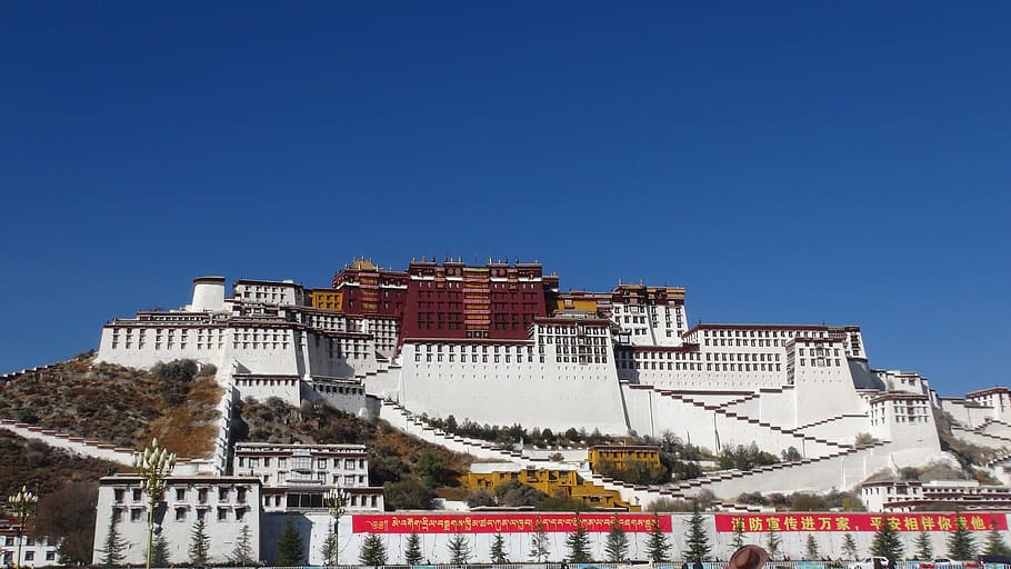 tibet, lhasa, tourism, building, sky, city, waters, snow, clear sky, HD wallpaper