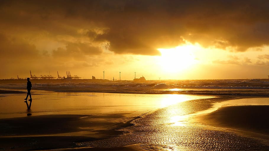 sunset, dawn, waters, sky, sea, beach, cloud - sky, land, reflection HD wallpaper