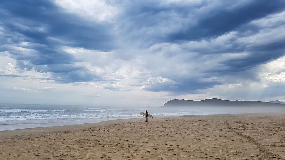 sea, surf, beach, clouds, surfboard, summer, water sports, ocean HD wallpaper