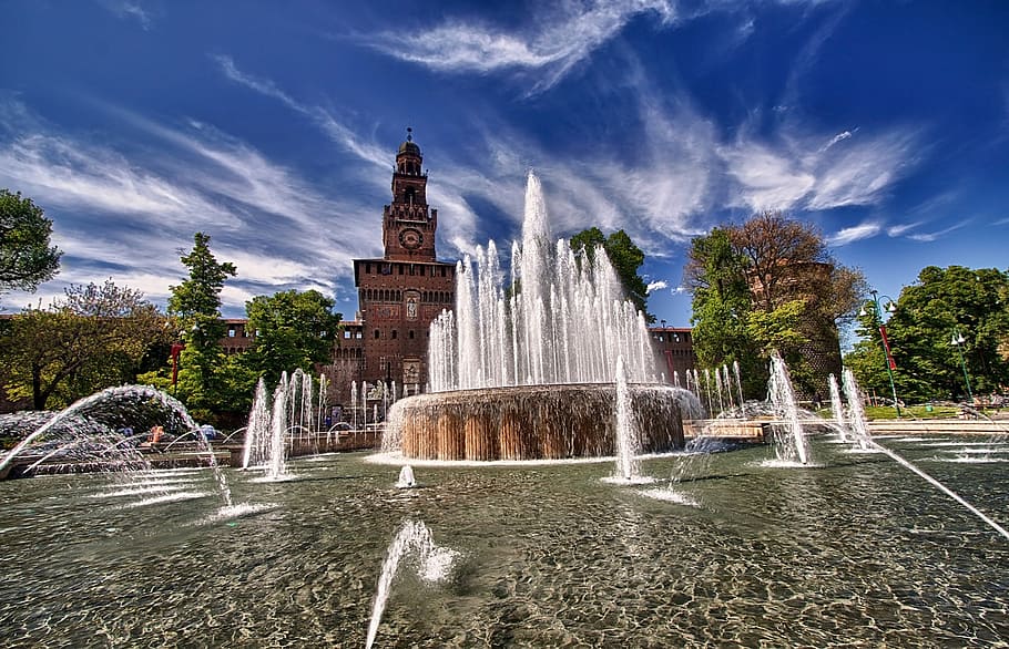 clock tower with water fountain in front, milan, castle, sforzesco HD wallpaper