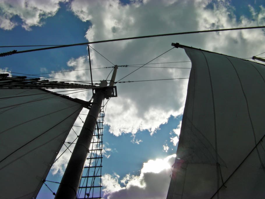 perspective, blue, clouds, rain, sail, nature, dark, sun, grey HD wallpaper