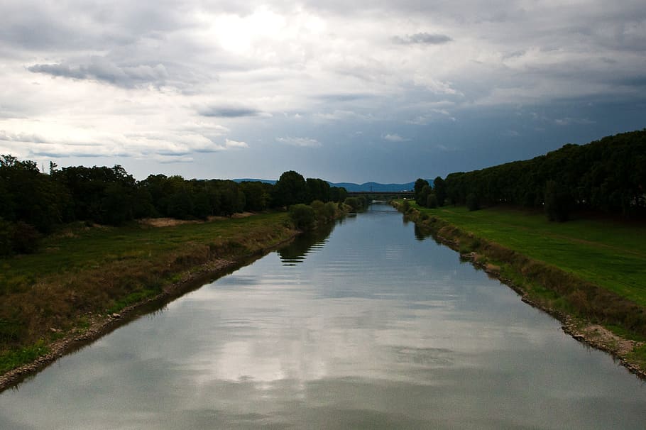 channel, mannheim, neckar, clouds, water reflection, sky, cloud - sky HD wallpaper