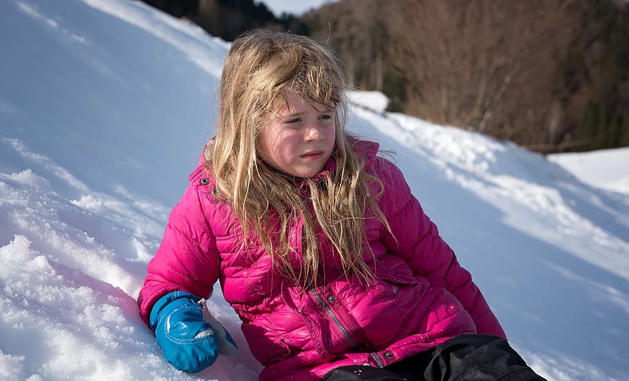 child, girl, blond, winter, snow, exhausted, wet, out, nature, HD wallpaper