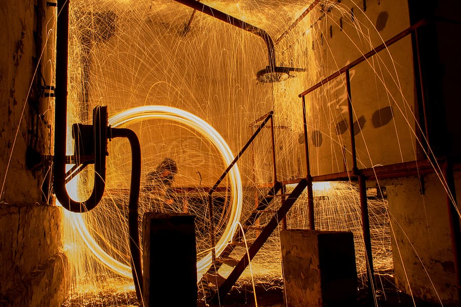 wheel fire dancing, steel wool photo of spiral orange light, workshop HD wallpaper