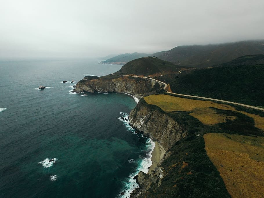 aerial photography of body of water, photo of cliff and coast line HD wallpaper
