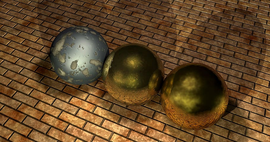 three gray and green balls on brown concrete brick wall, metal HD wallpaper