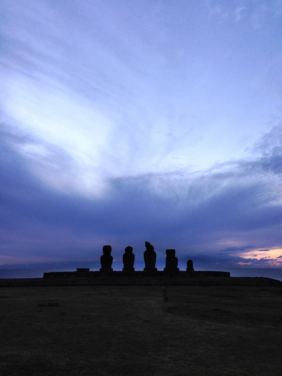 easter island, moai, morning, stone statues, silhouette, sky, HD wallpaper