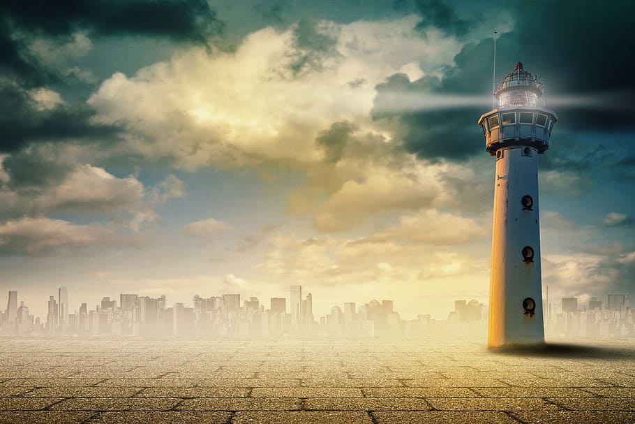 lighthouse, surreal, art, sky, photomontage, composing, wide HD wallpaper