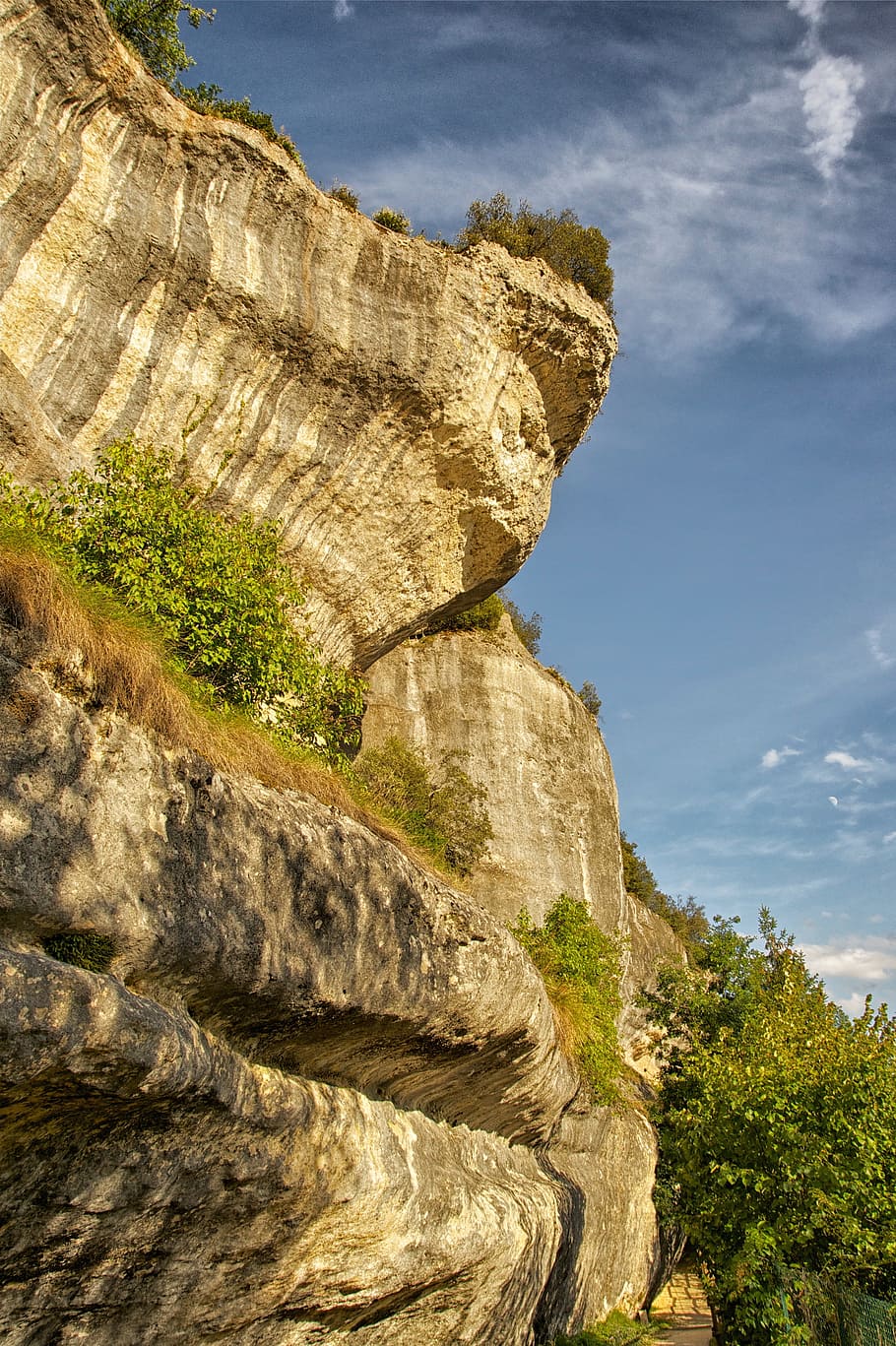 france, mountain, cliff, sky, clouds, trees, plants, nature HD wallpaper