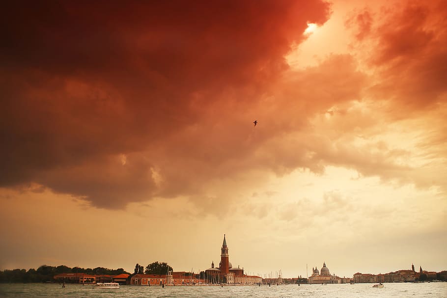 dawn, landscape, nature, sky, bird, boat, buildings, clouds, Dark Sky HD wallpaper