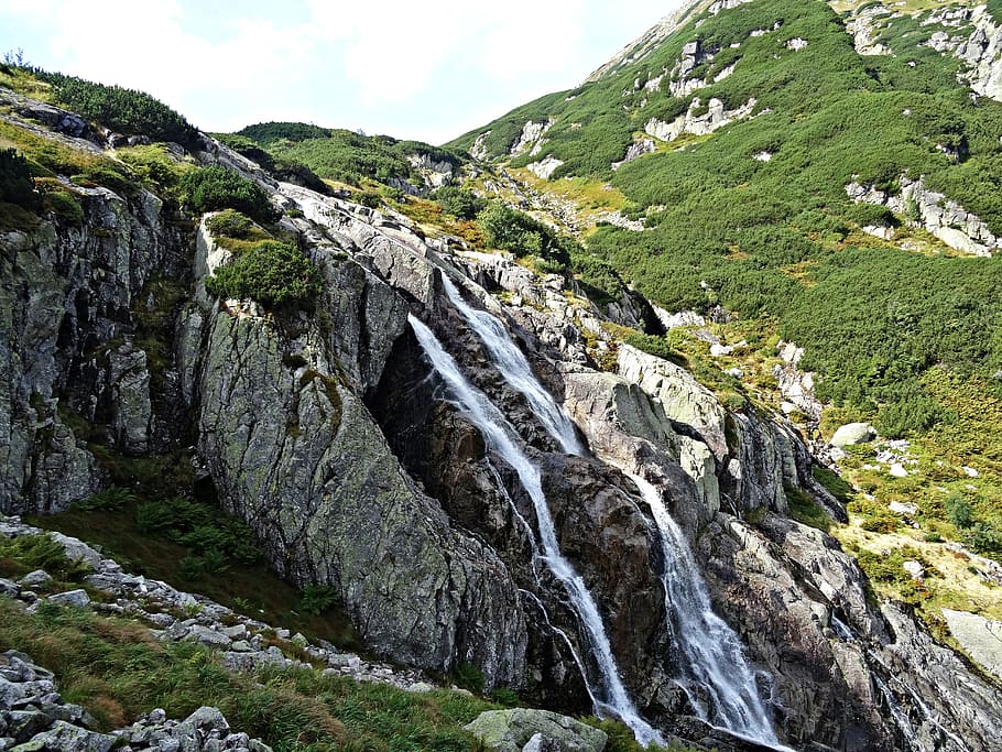 Landscape, Waterfall, Mountains, brook, nature, tatry, top view HD wallpaper