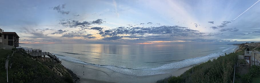sunset, shore, clouds, scenic, water, sky, cloud - sky, panoramic HD wallpaper