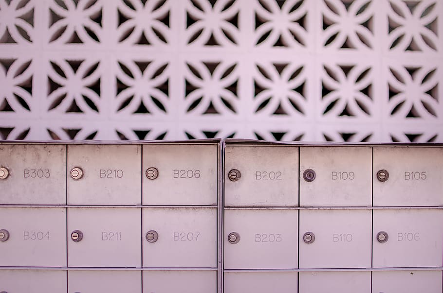 Numbers and Letters, white box lot near wall, mail, mailbox, repetition HD wallpaper