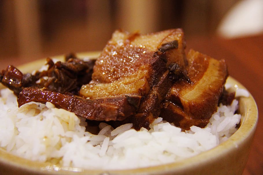 pork and rice dish in bowl, roasted, meat, delicious, pork belly HD wallpaper