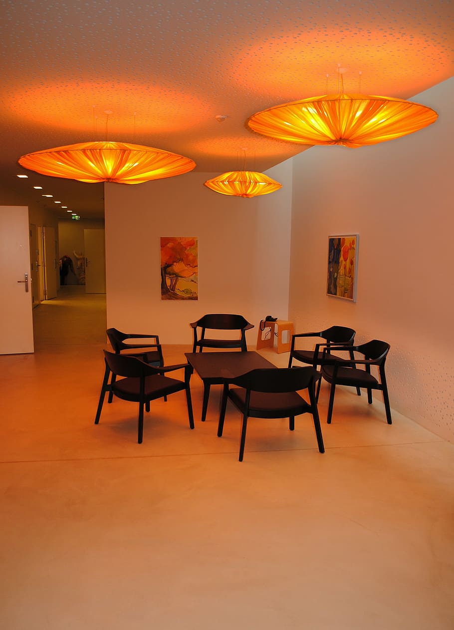 light, lighting, ceiling lights, orange, seating arrangement HD wallpaper