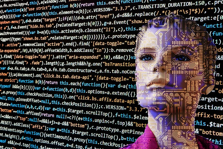 illustration of woman's face and computer codes, artificial intelligence