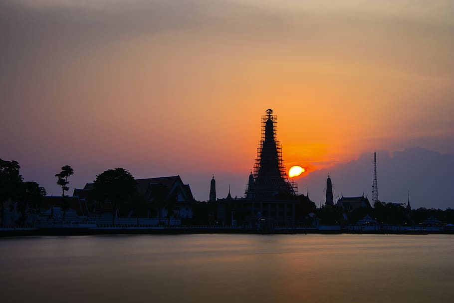 sunset, building, architecture, deity, buddhism, sacred, heritage HD wallpaper