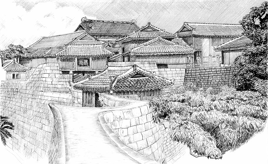 Japanese Castle Ink Drawing, art, public domain, black And White, HD wallpaper