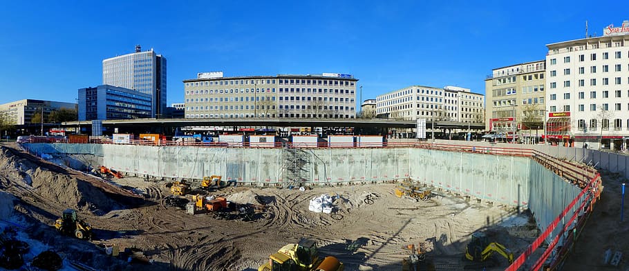 gray concrete buildings, site, view, panorama, machine, drilling HD wallpaper
