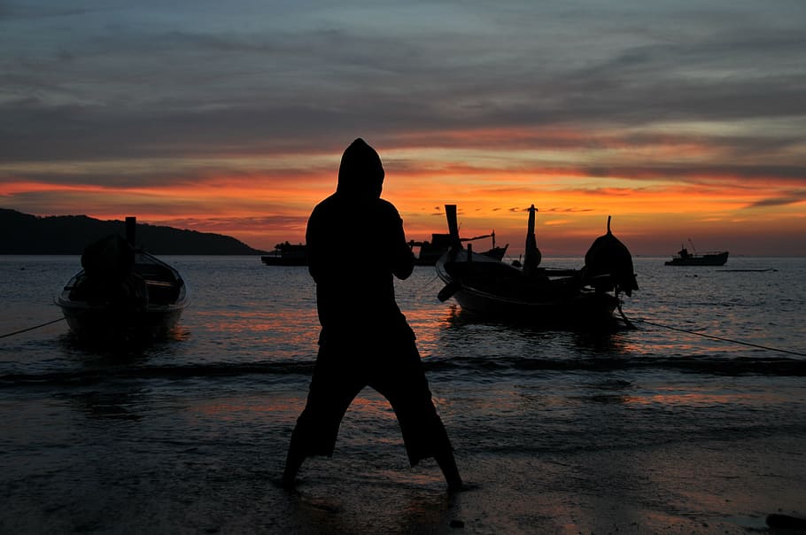 sunset, thailand, water, sky, sea, real people, nautical vessel HD wallpaper