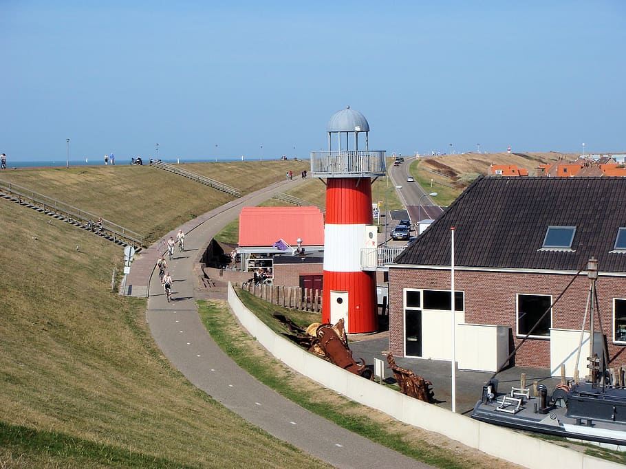 lighthouse, netherlands, coast, blue sky, zealand, sea, water HD wallpaper