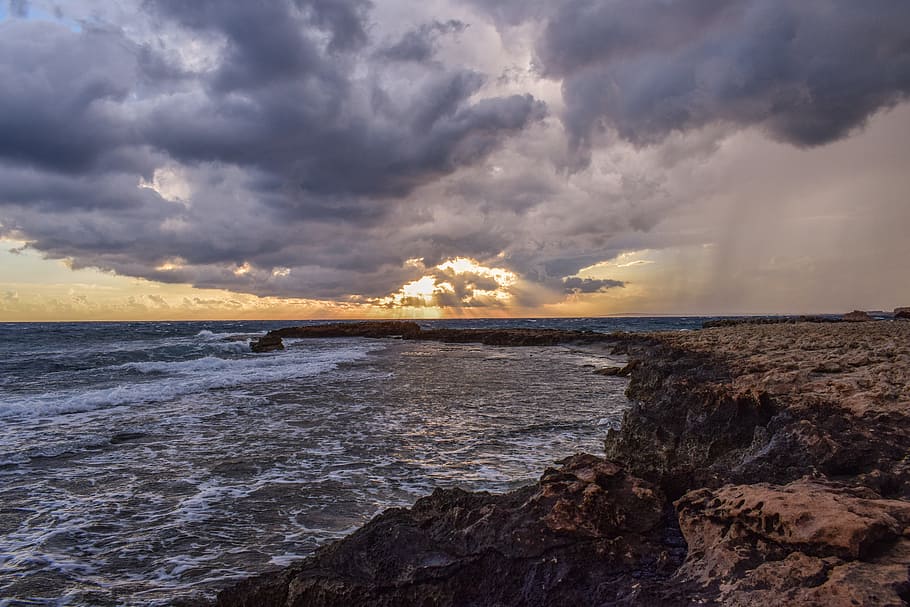 rocky coast, sky, clouds, dramatic, spectacular, stormy, sea HD wallpaper