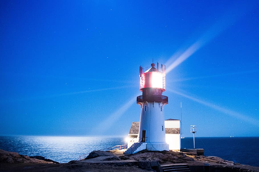 low light photography of a white lighthouse, guy, lindesnes, sunset