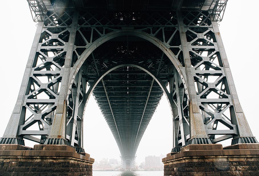 gray and black bridge, pylon, underneath, perspective, crossing, HD wallpaper