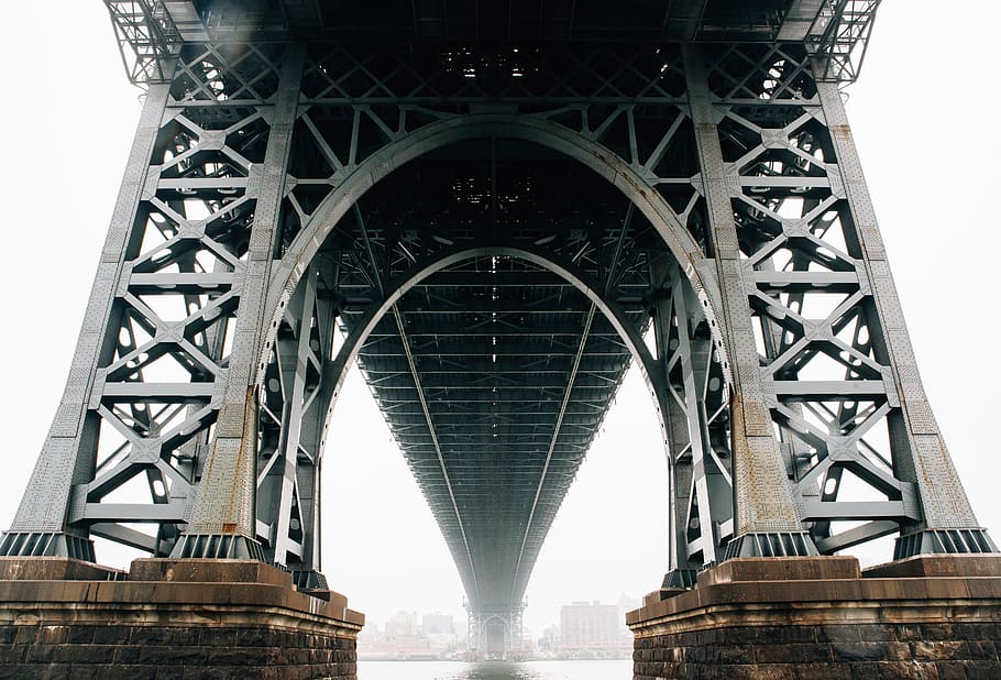 gray and black bridge, pylon, underneath, perspective, crossing HD wallpaper