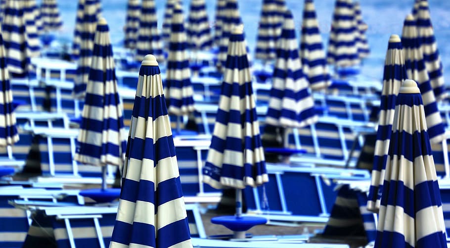 patio umbrellas on shore, blue, outdoor, table, no people, in a row HD wallpaper