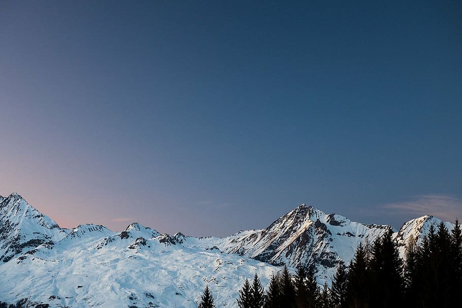 mountain ranges with snow beside trees, winter, white, cold HD wallpaper