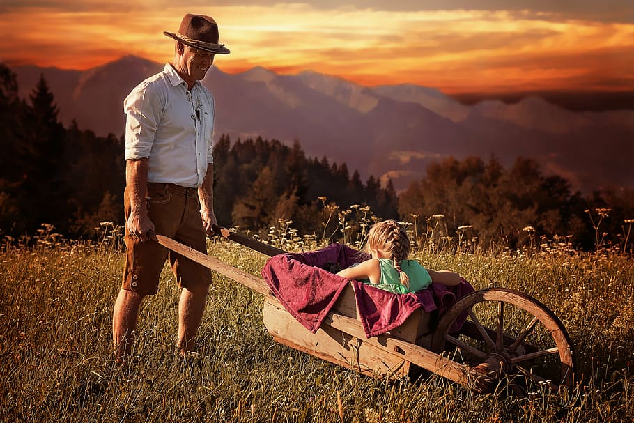 girl riding wooden wheelbarrow during sunset, human, personal HD wallpaper