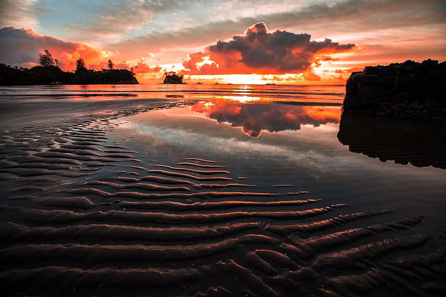 sunset, waters, coast, beach, sky, cloud - sky, beauty in nature HD wallpaper