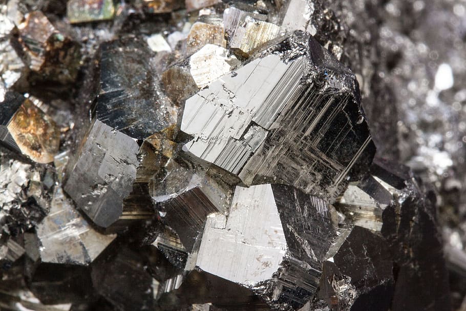 close-up photo of silver ore, pyrite, pyrites, mineral, sulfide
