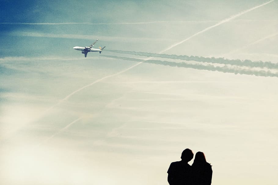 photo of couple watching airplane, sky, on, couples, blue, human HD wallpaper