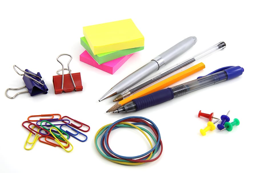 three pens and yellow pencil beside sticky notes and two binder clips beside paper clips and rubber bands, HD wallpaper