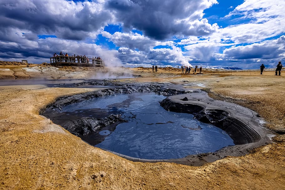 landscape, sky, people, water, clouds, eruption, geothermal, geyser HD wallpaper