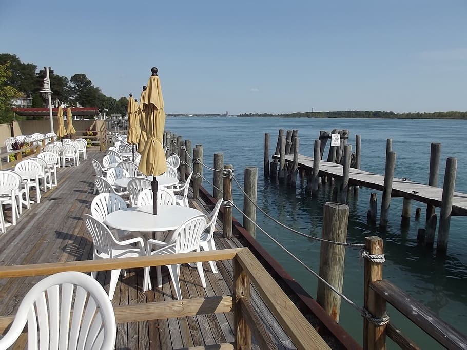 lake, dock, nature, water, sky, sea, chair, railing, wood - material HD wallpaper