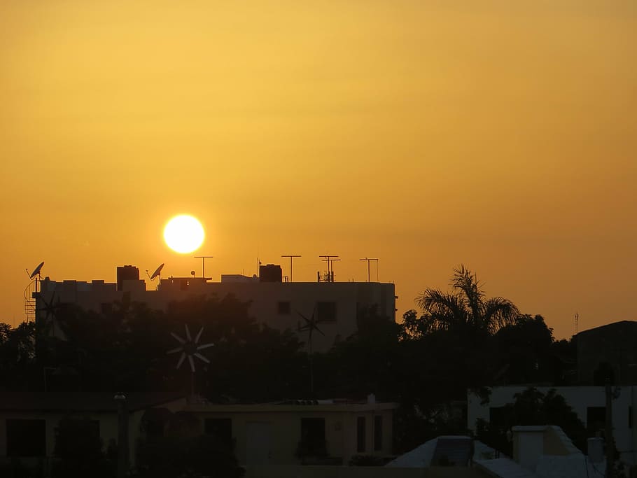 sunset, sunlight, yellow, sky, dusk, silhouette, building exterior HD wallpaper