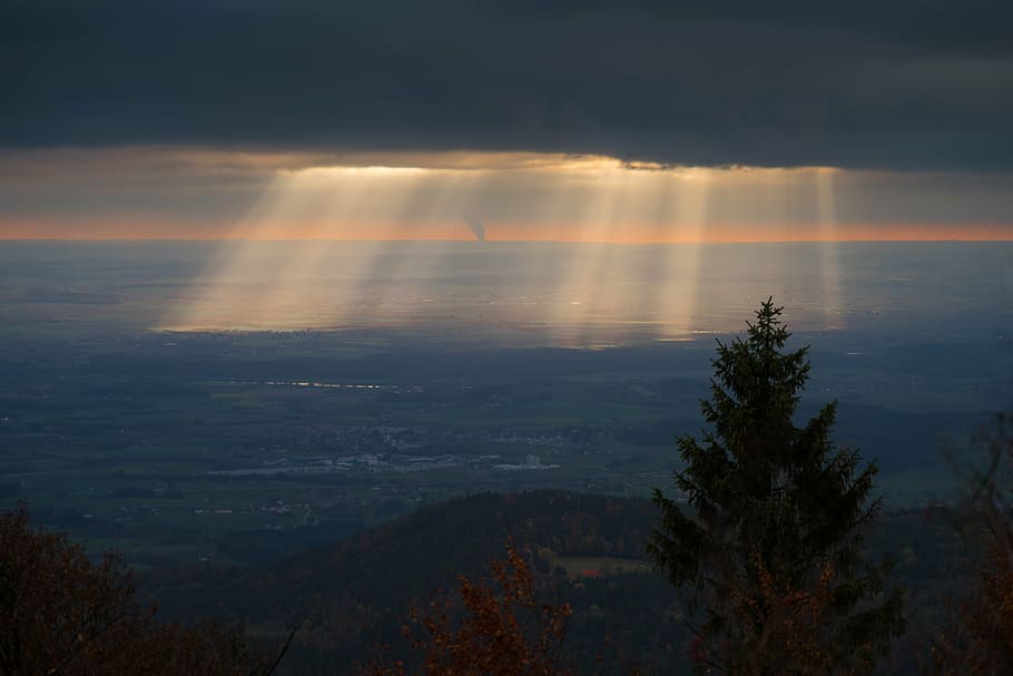 aerial photography of landscape during daytime, sunset, light HD wallpaper