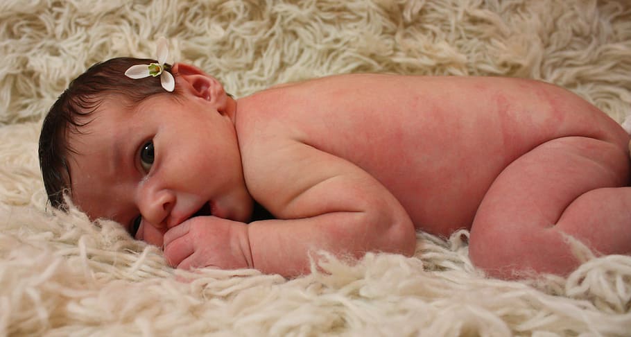 baby lying on beige fur textile, dreamy, human, children, girl, HD wallpaper